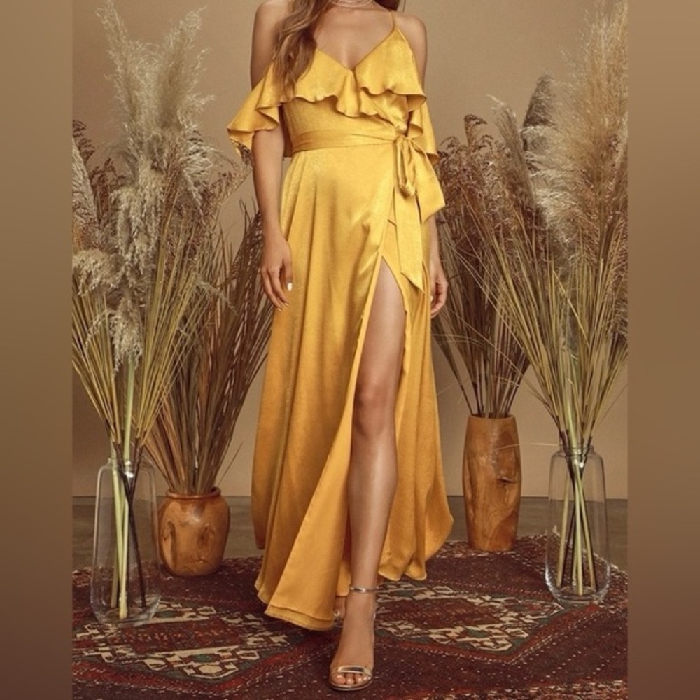 Lulus NWT Yellow Satin Wrap Dress. Small Maxi Dress.